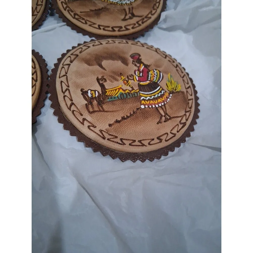 Vintage Andean Leather Coaster Set Of 4 Handpainted Designs Colorful 3.5 